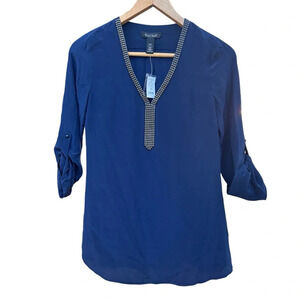 WHBM 100% Silk Bead Neck Tunic Top Classic Navy Blue Size 4 Shirt Long Sleeve
